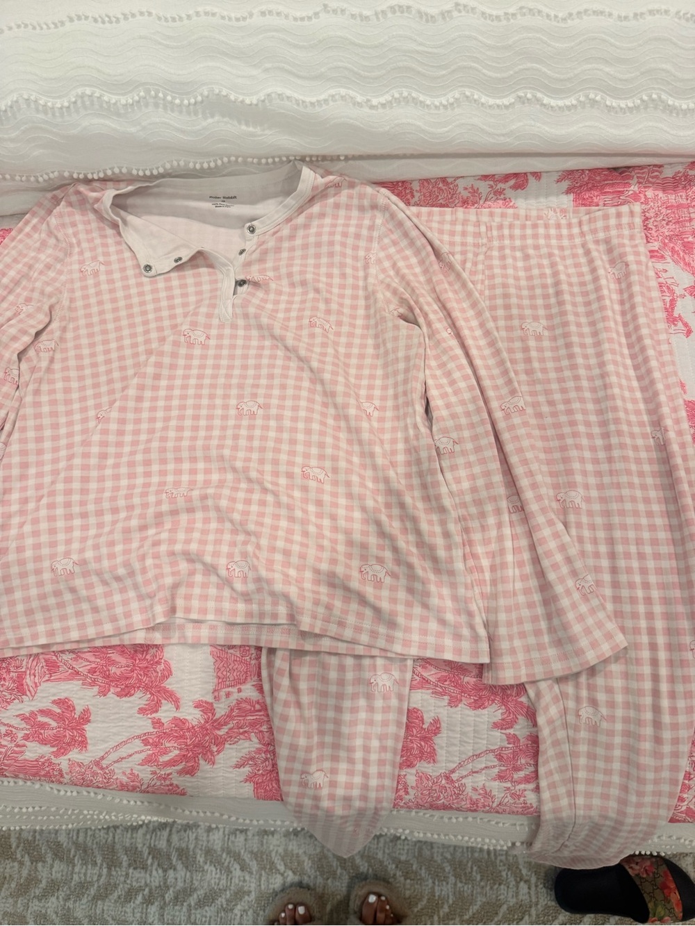 Roller Rabbit Pink Gingham Pajama Set with Elephant Detail